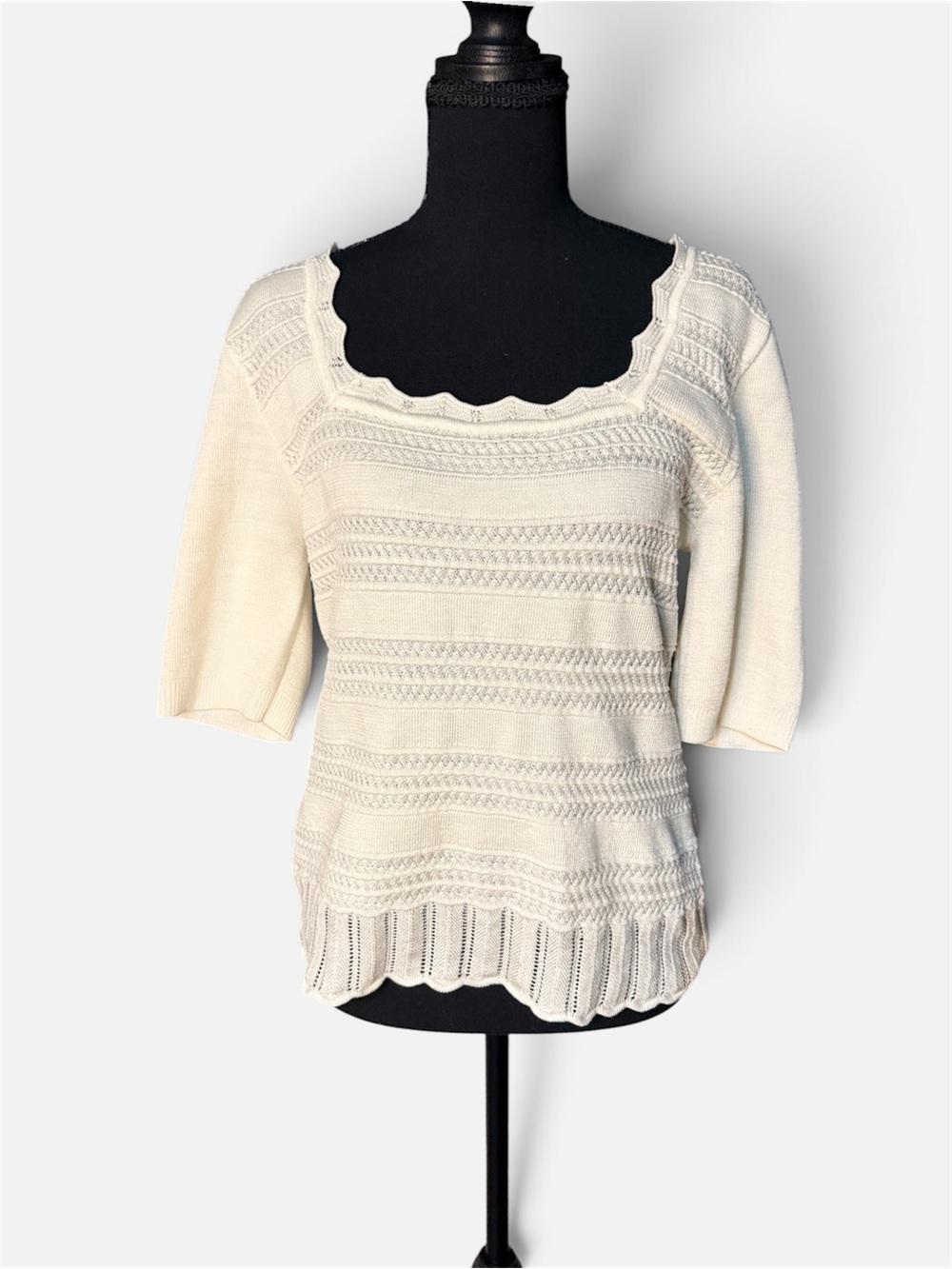 Sam Edelman Cream Knit Top Short Sleeve Scoop Neck Pointelle Sweater size L